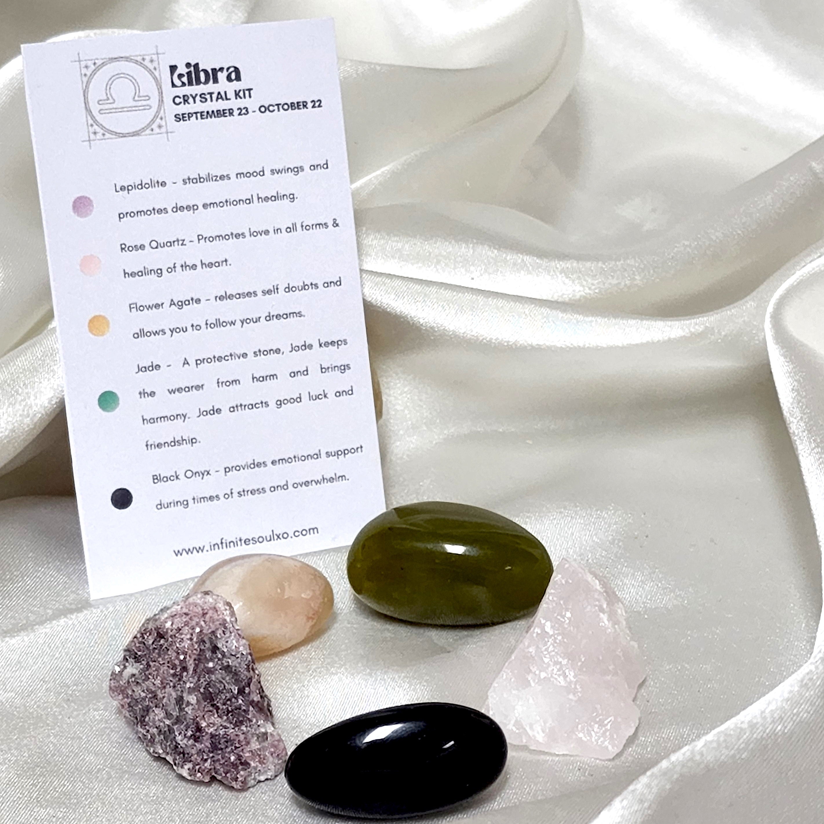 Star Sign Crystal Healing Kit for Libra featuring Lepidolite, Rose Quartz, Flower Agate, Jade, and Black Onyx, arranged aesthetically.