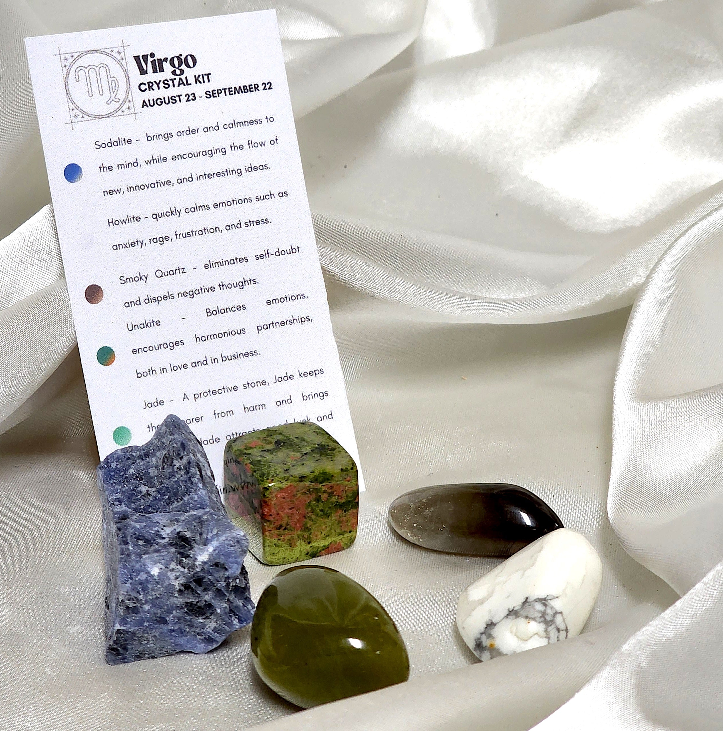 Virgo Star Sign Crystal Healing Kit featuring Sodalite, Howlite, Smoky Quartz, Jade, and Unakite in a small pouch.