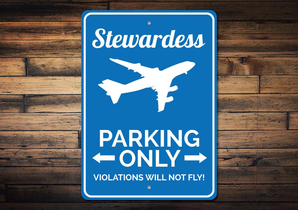 A vibrant Stewardess Parking Sign made of durable aluminum, featuring a creative design for reserved parking spots.