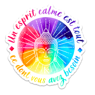 Sticker Bouddha avec la phrase inspirante 'Un esprit calme est tout ce dont vous avez besoin', coloré et design unique.