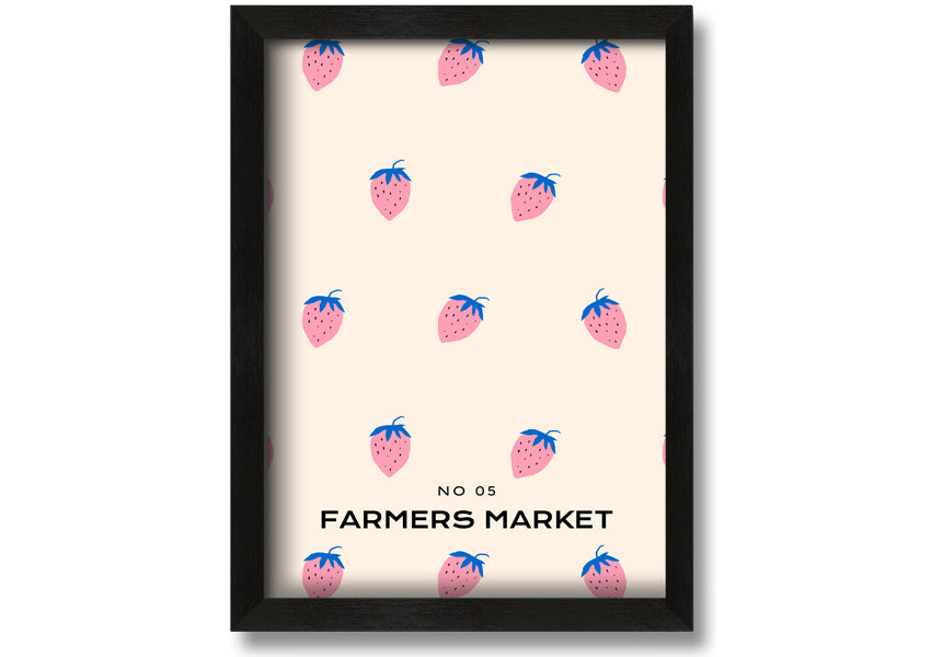 A beautifully framed print of strawberries at a farmers market, showcasing vibrant colors and intricate details, ready to hang.