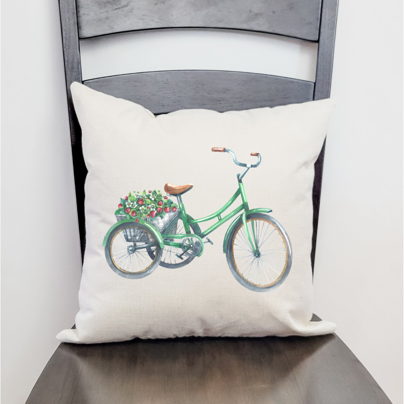 Strawberry Bicycle Pillow Cover featuring a whimsical design on soft linen fabric, perfect for spring decor.