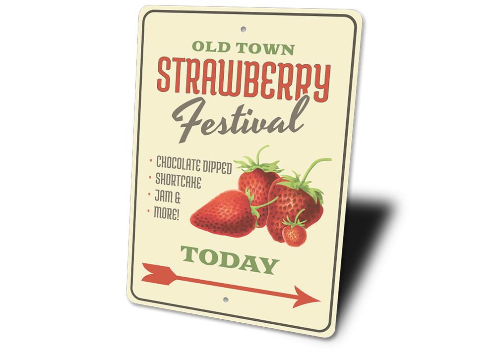 A vibrant Strawberry Festival Sign made of high-quality aluminum, featuring colorful graphics and customizable text, perfect for businesses and gifts.