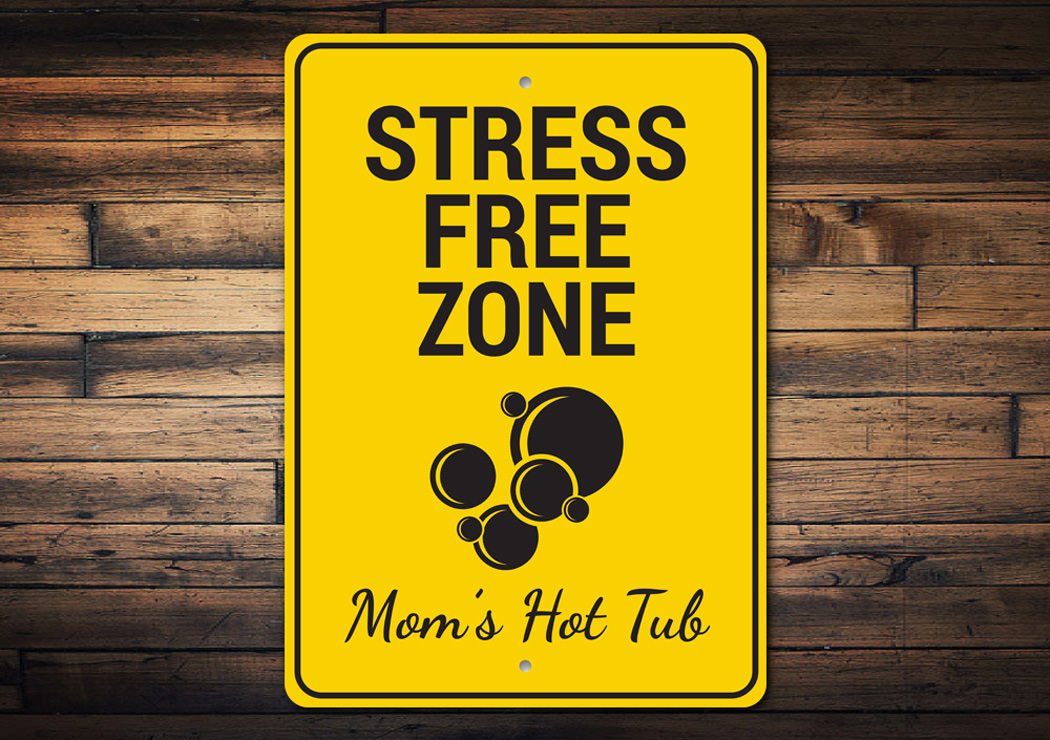 A decorative Stress Free Zone Sign made of high-quality aluminum, featuring customizable text options, designed for easy wall mounting.