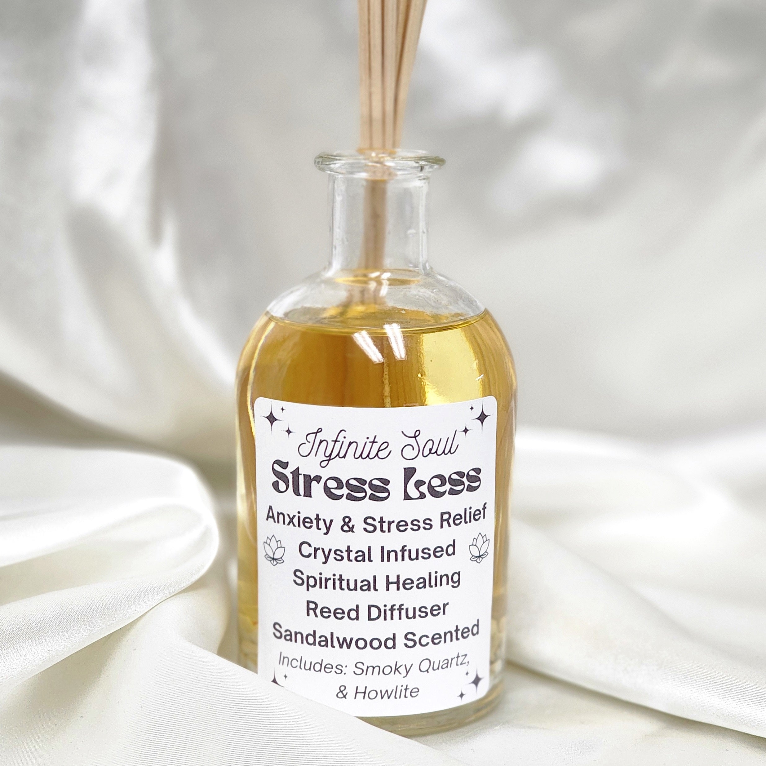 Stress Less Reed Diffuser with Smoky Quartz and Howlite crystals, elegantly designed for anxiety relief and stress reduction.