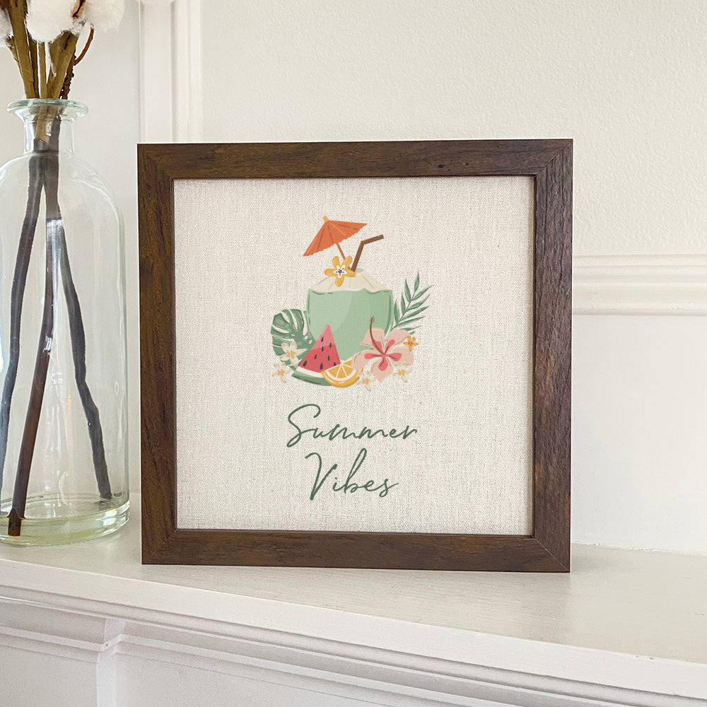 Summer Vibes Coconut Drink framed sign with a stylized wood frame and linen-look background, perfect for summer decor.