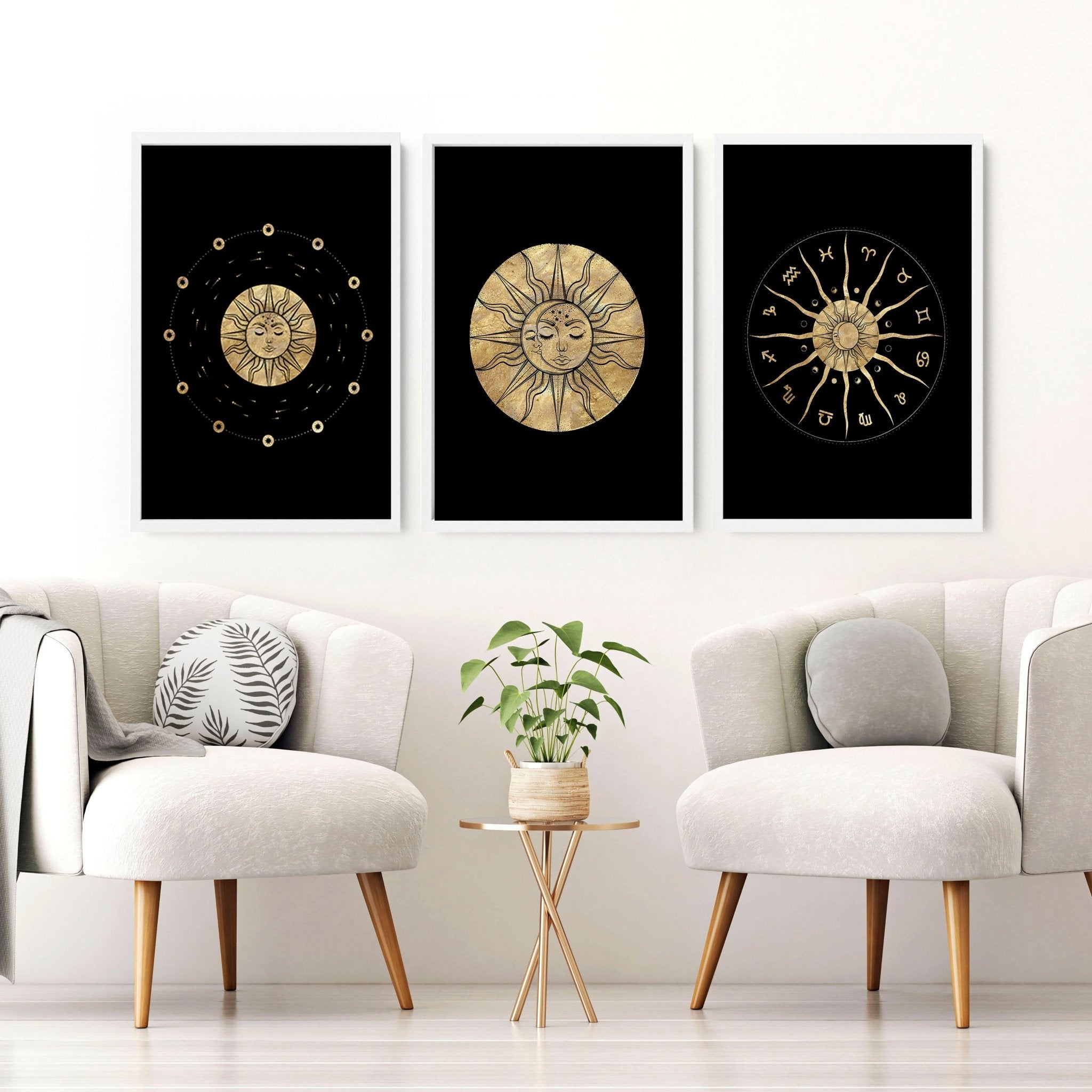 Set of three framed wall art prints featuring intricate sun and moon designs in a radiant gold finish, perfect for bohemian decor.