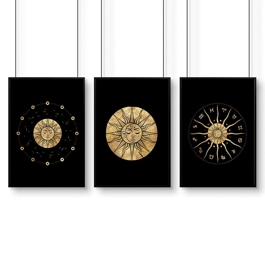 Set of three framed wall art prints featuring intricate sun and moon designs in a radiant gold finish, perfect for bohemian decor.