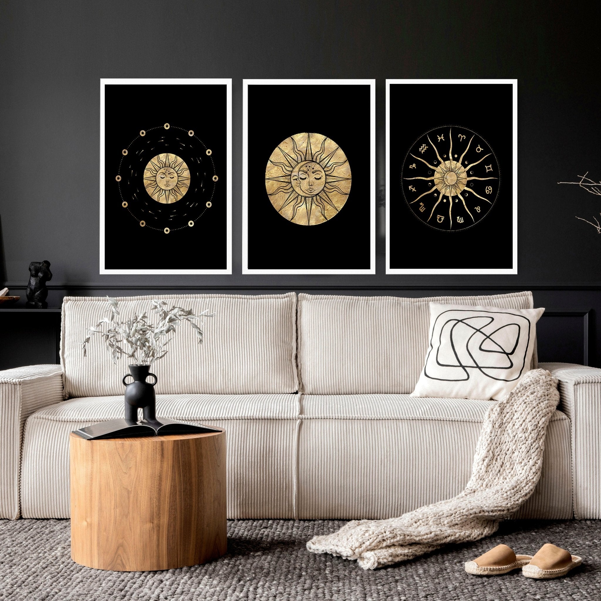Set of three framed wall art prints featuring intricate sun and moon designs in a radiant gold finish, perfect for bohemian decor.