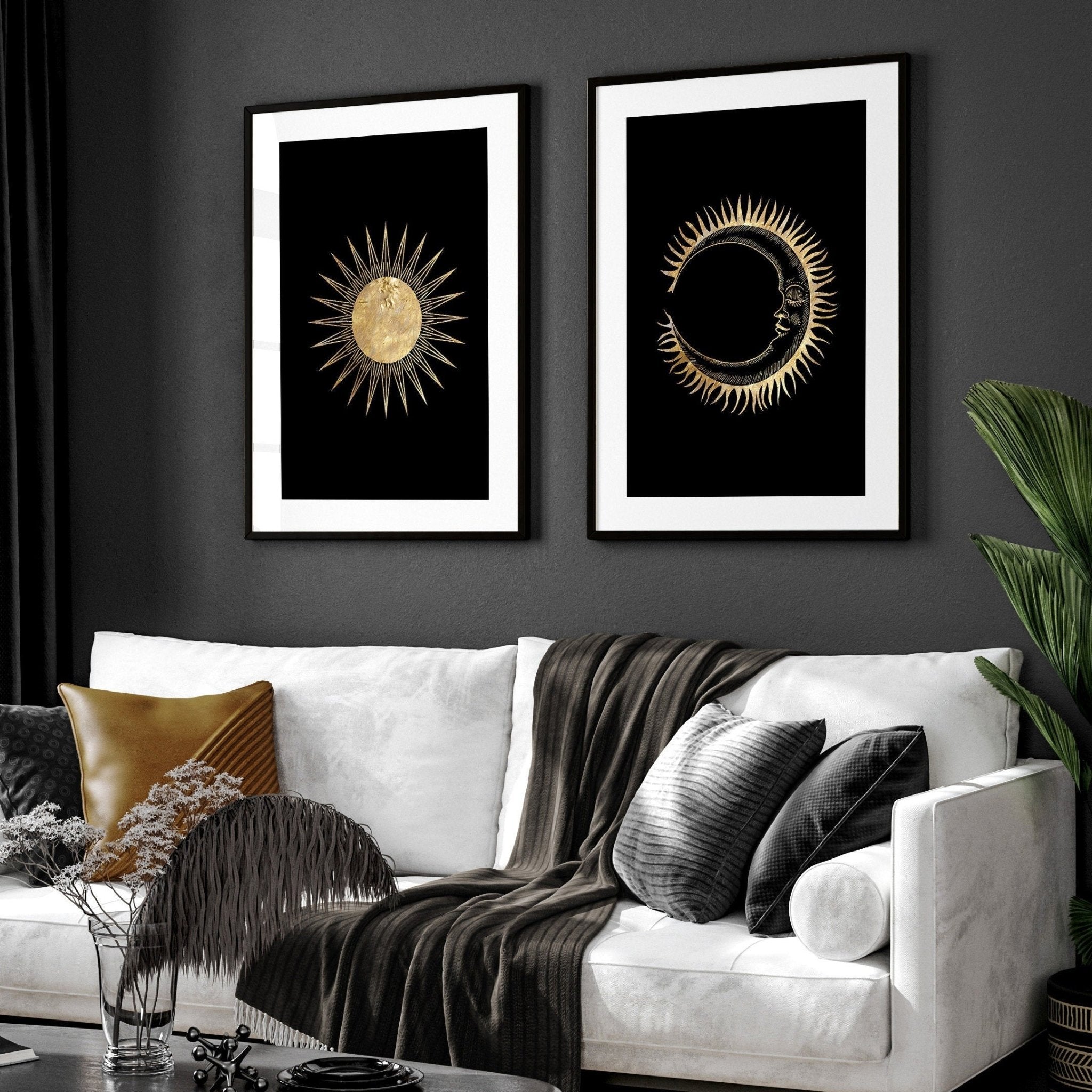 Set of 2 Sun and Moon wall art prints featuring intricate black and gold celestial designs, perfect for bohemian home decor.
