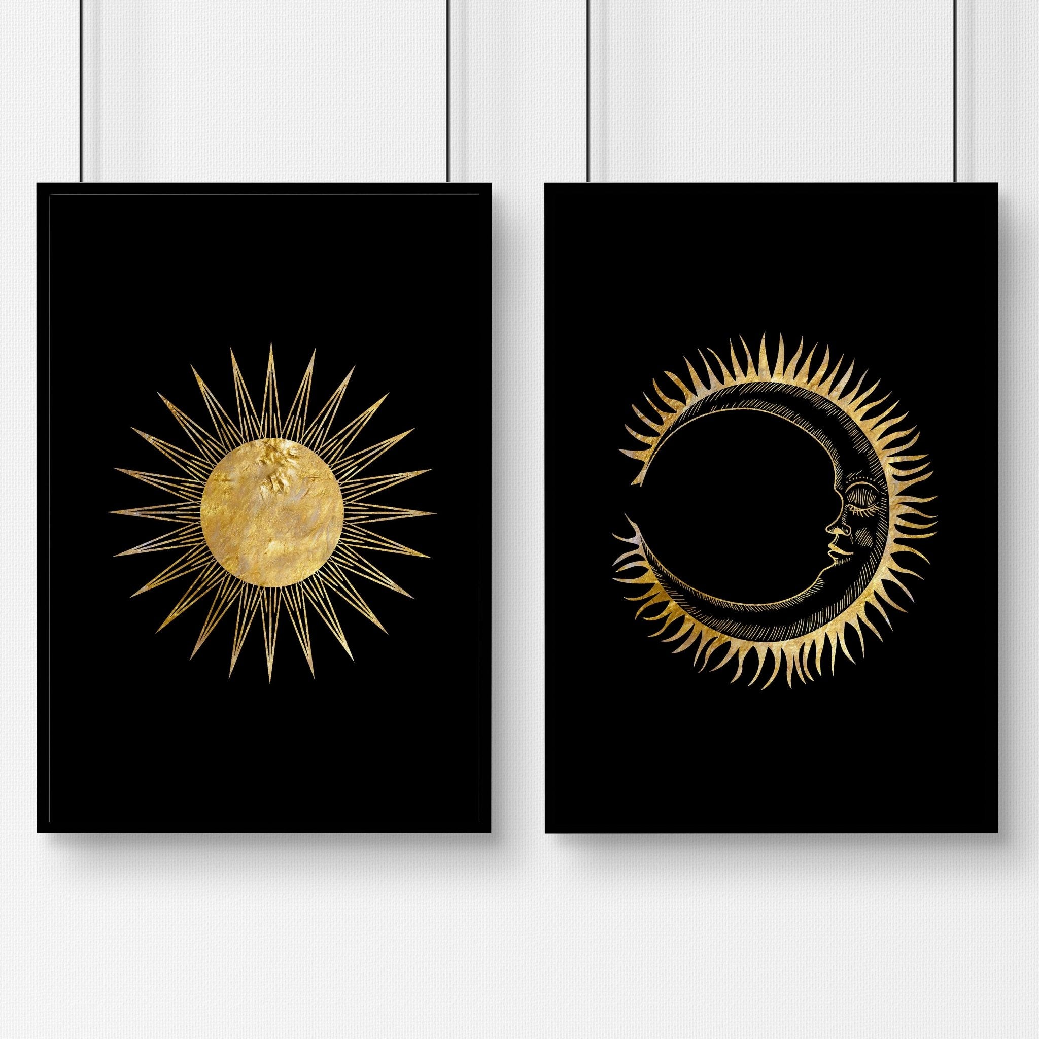 Set of 2 Sun and Moon wall art prints featuring intricate black and gold celestial designs, perfect for bohemian home decor.