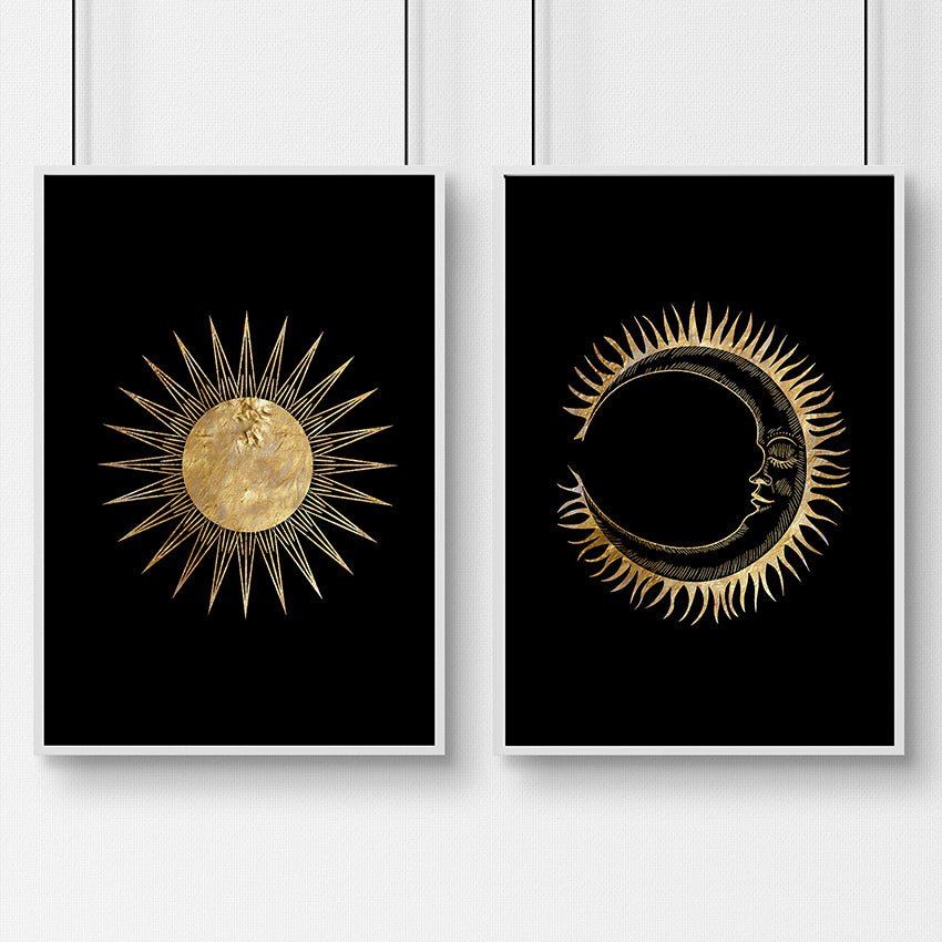 Set of 2 Sun and Moon wall art prints featuring intricate black and gold celestial designs, perfect for bohemian home decor.