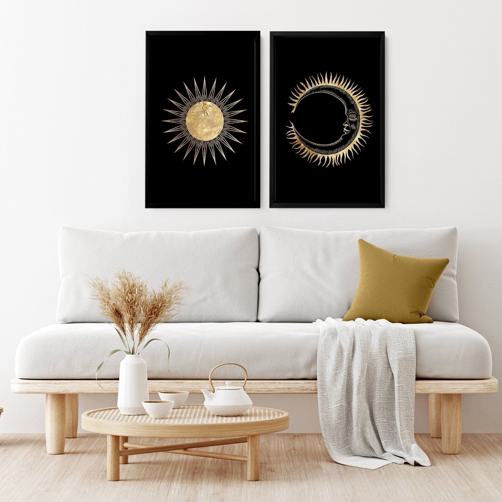 Set of 2 Sun and Moon wall art prints featuring intricate black and gold celestial designs, perfect for bohemian home decor.