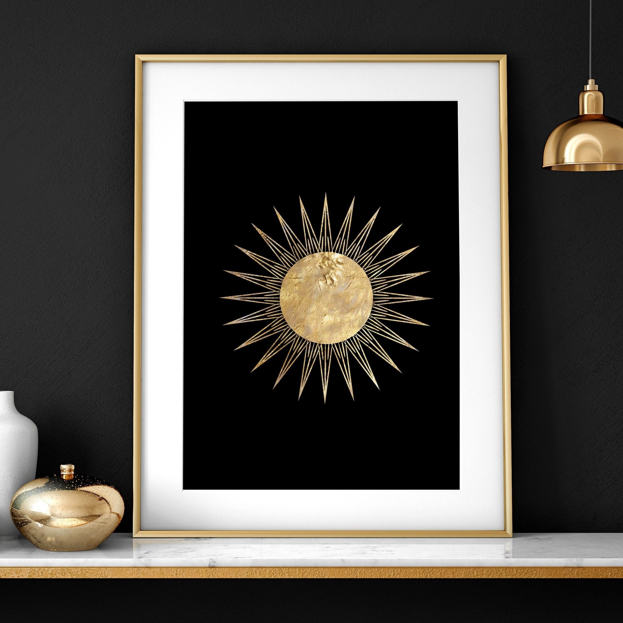 Set of 2 Sun and Moon wall art prints featuring intricate black and gold celestial designs, perfect for bohemian home decor.