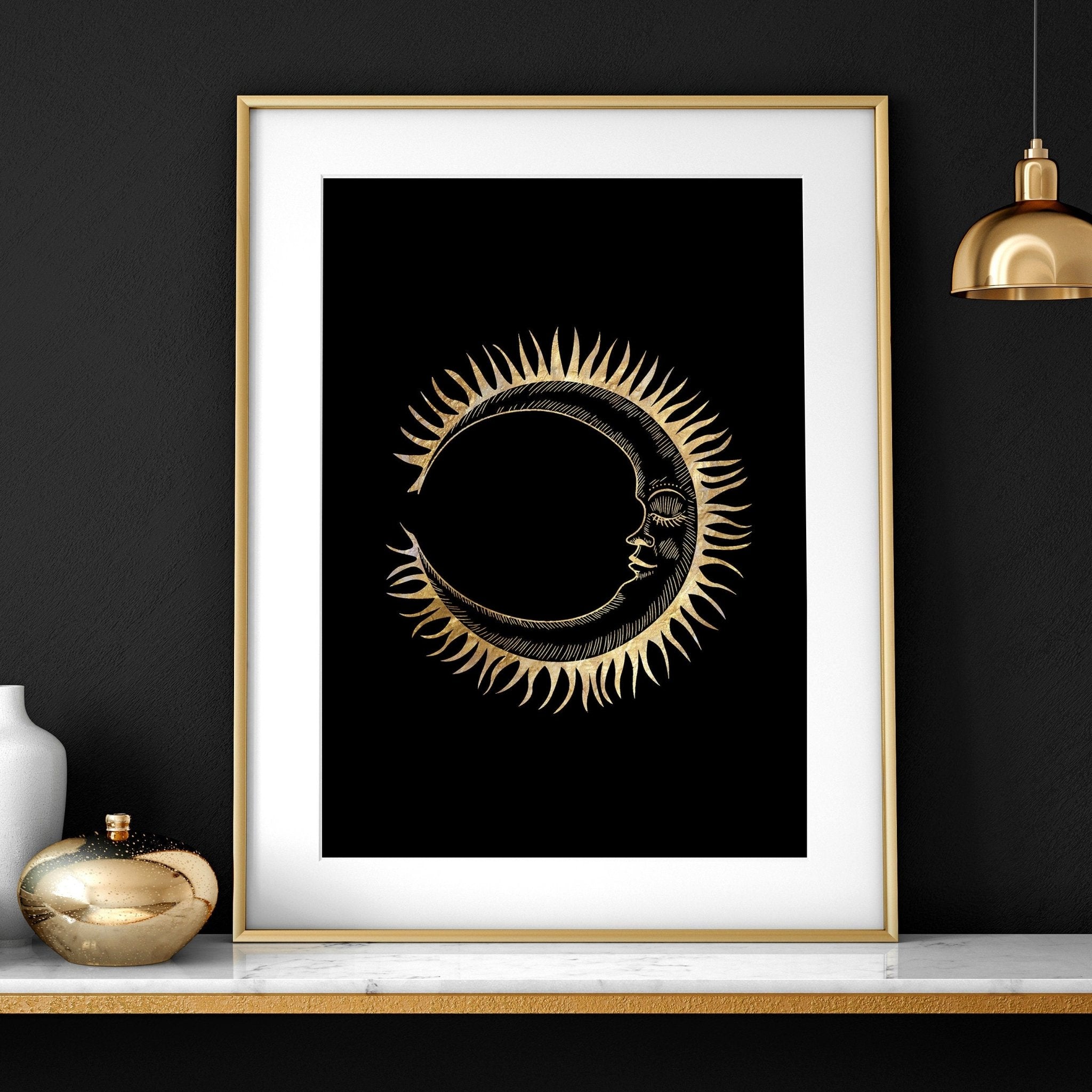 Set of 2 Sun and Moon wall art prints featuring intricate black and gold celestial designs, perfect for bohemian home decor.