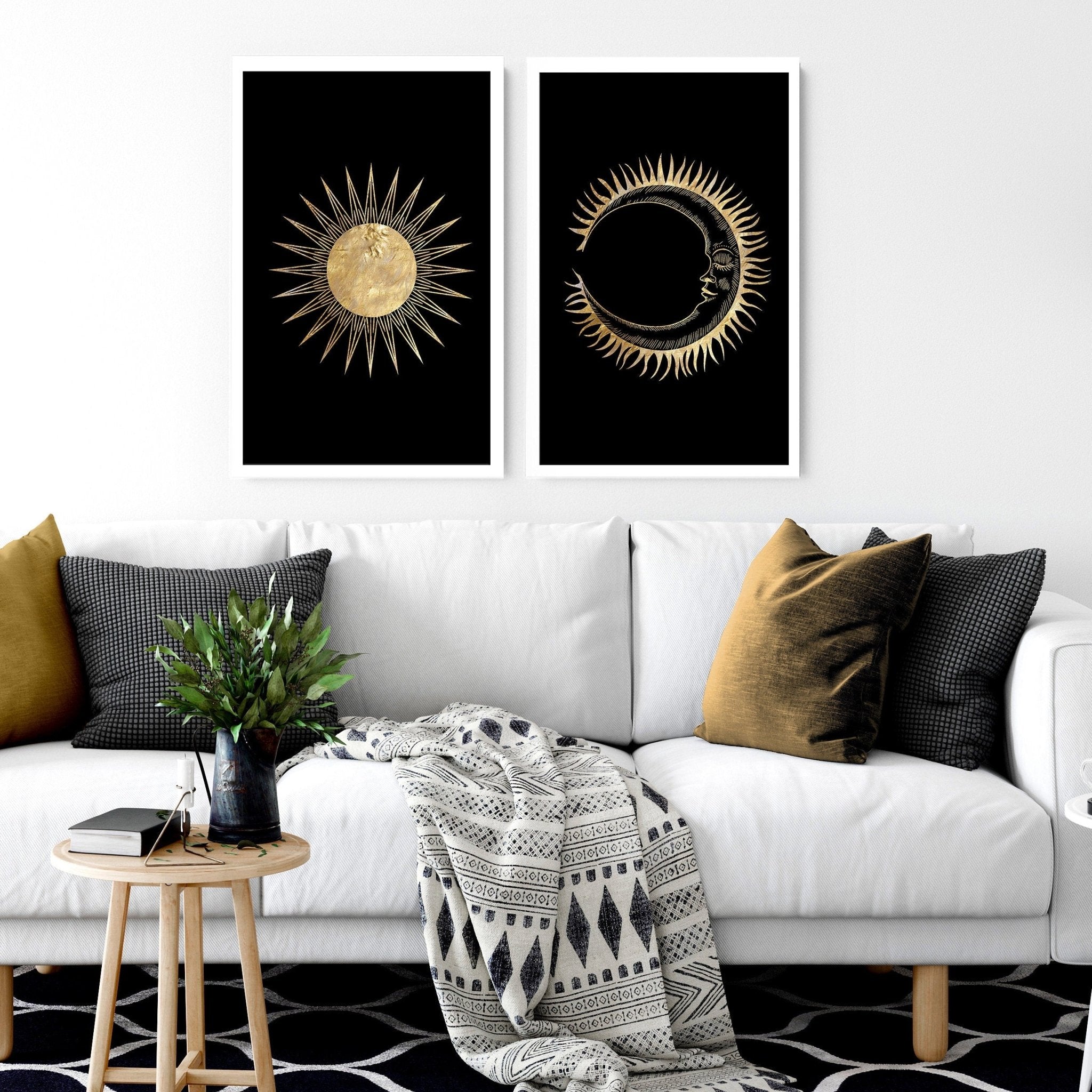 Set of 2 Sun and Moon wall art prints featuring intricate black and gold celestial designs, perfect for bohemian home decor.