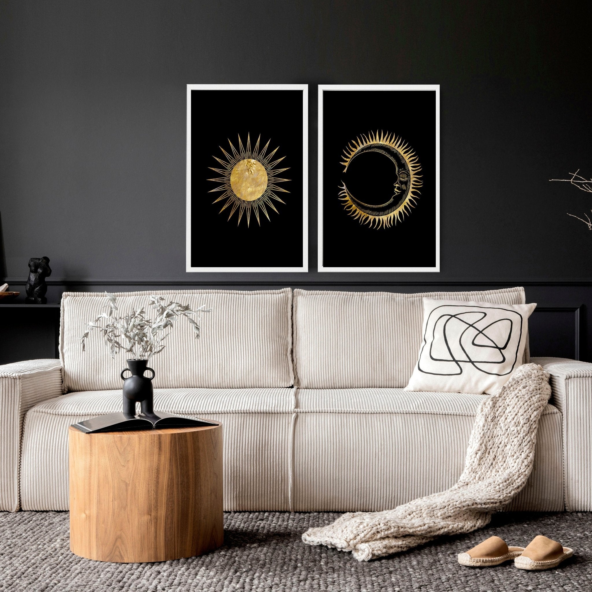Set of 2 Sun and Moon wall art prints featuring intricate black and gold celestial designs, perfect for bohemian home decor.