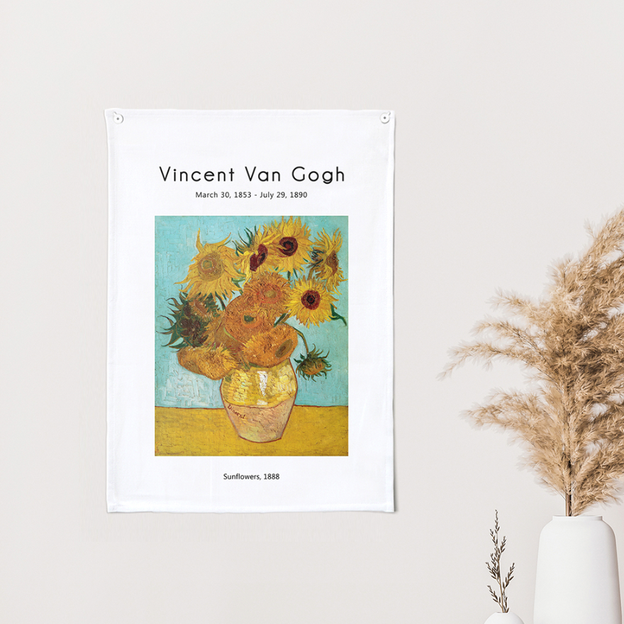 A vibrant fabric poster of Van Gogh's Sunflower 2 artwork, showcasing bright yellow sunflowers against a textured background.