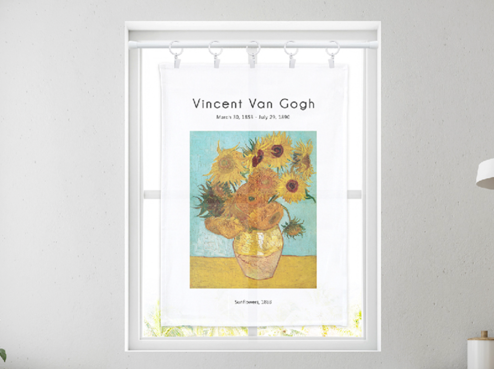 A vibrant fabric poster of Van Gogh's Sunflower 2 artwork, showcasing bright yellow sunflowers against a textured background.