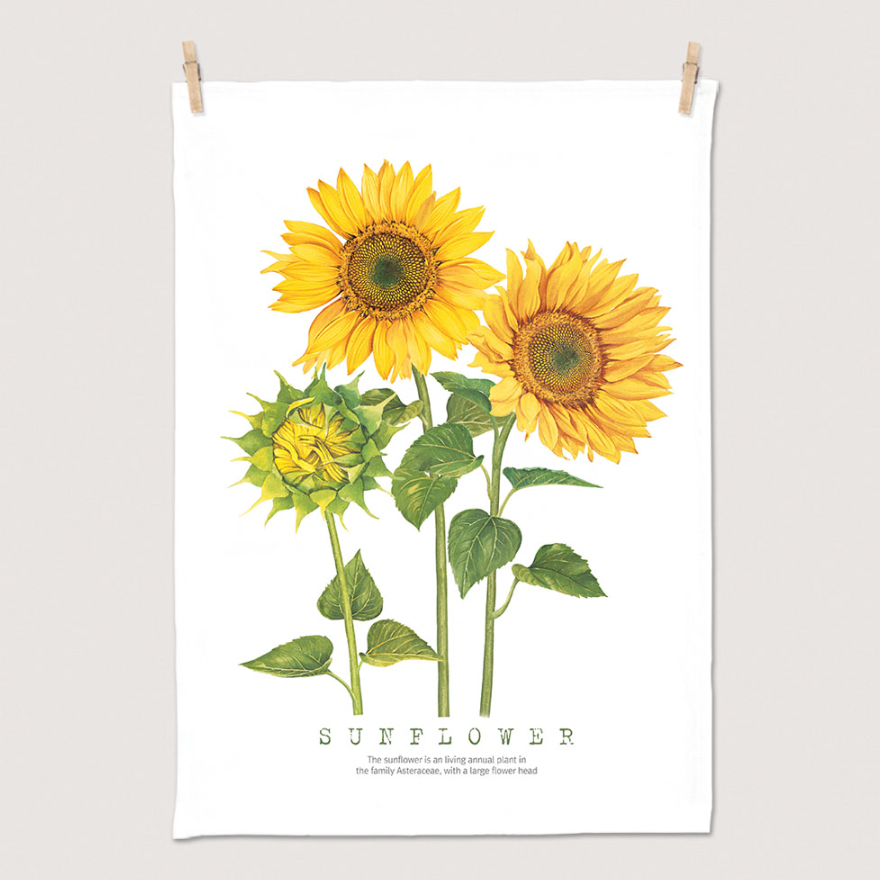 A vibrant sunflower fabric poster measuring 50cm x 70cm, showcasing a modern design with bright colors and intricate details.