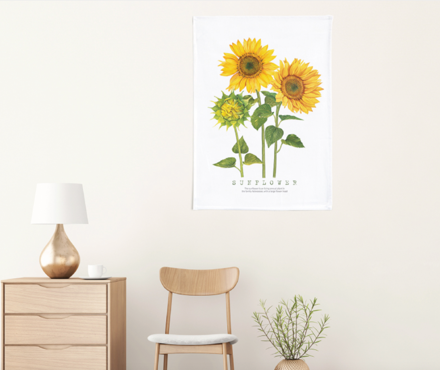 A vibrant sunflower fabric poster measuring 50cm x 70cm, showcasing a modern design with bright colors and intricate details.