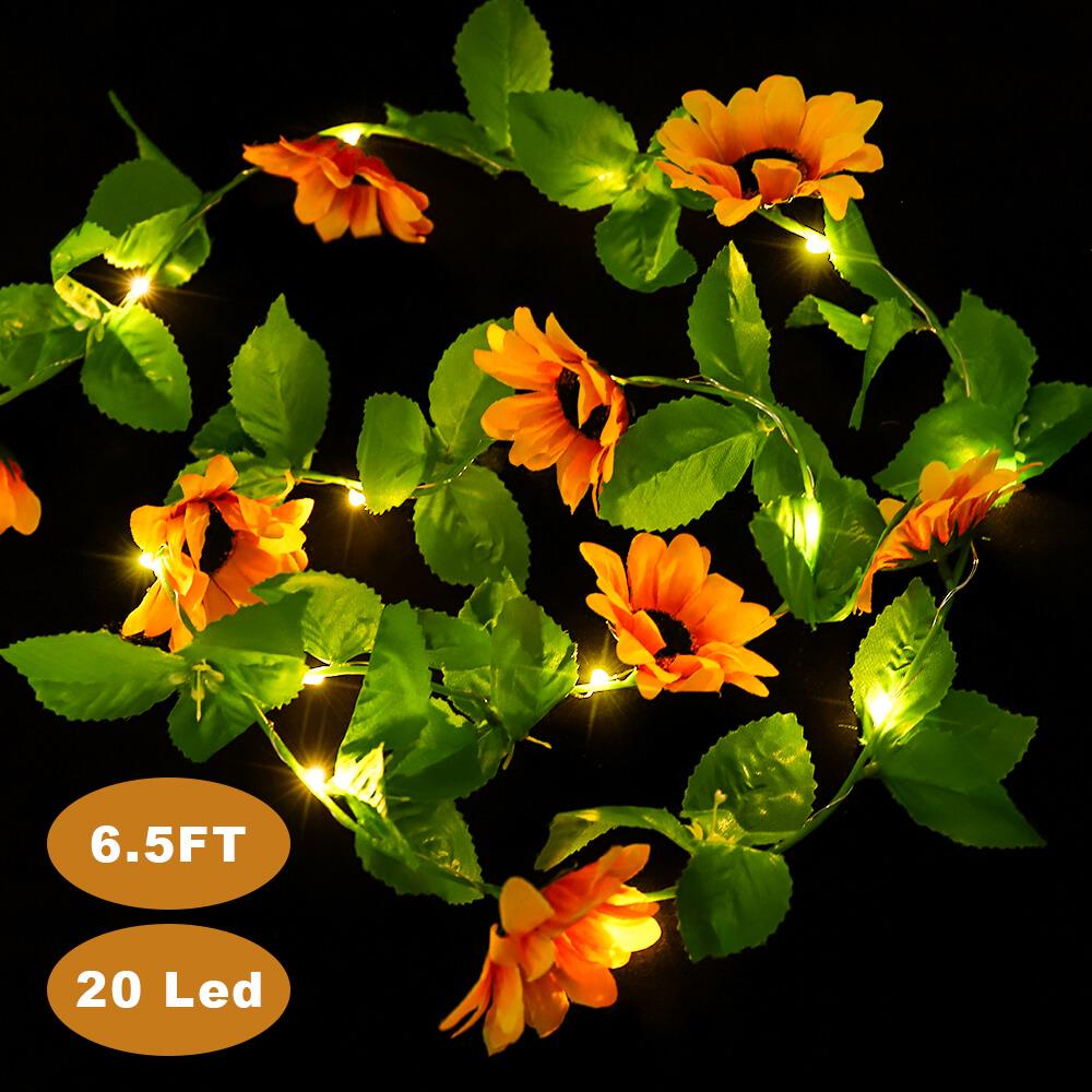 Sunflower String LED Lights with warm white glow, showcasing 20 LEDs on a flexible wire, perfect for indoor and outdoor decoration.