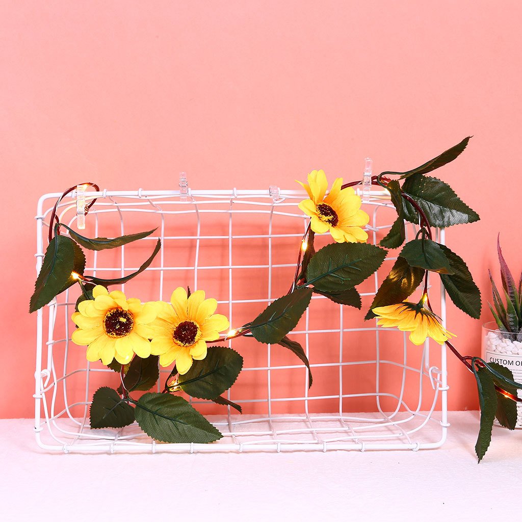 Sunflower String LED Lights with warm white glow, showcasing 20 LEDs on a flexible wire, perfect for indoor and outdoor decoration.