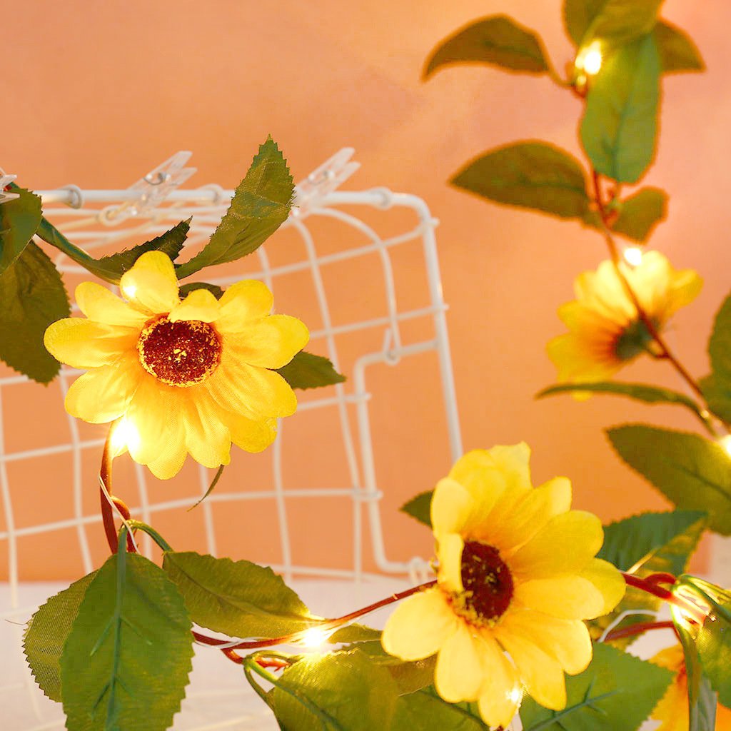 Sunflower String LED Lights with warm white glow, showcasing 20 LEDs on a flexible wire, perfect for indoor and outdoor decoration.