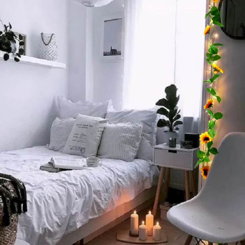 Sunflower String LED Lights with warm white glow, showcasing 20 LEDs on a flexible wire, perfect for indoor and outdoor decoration.