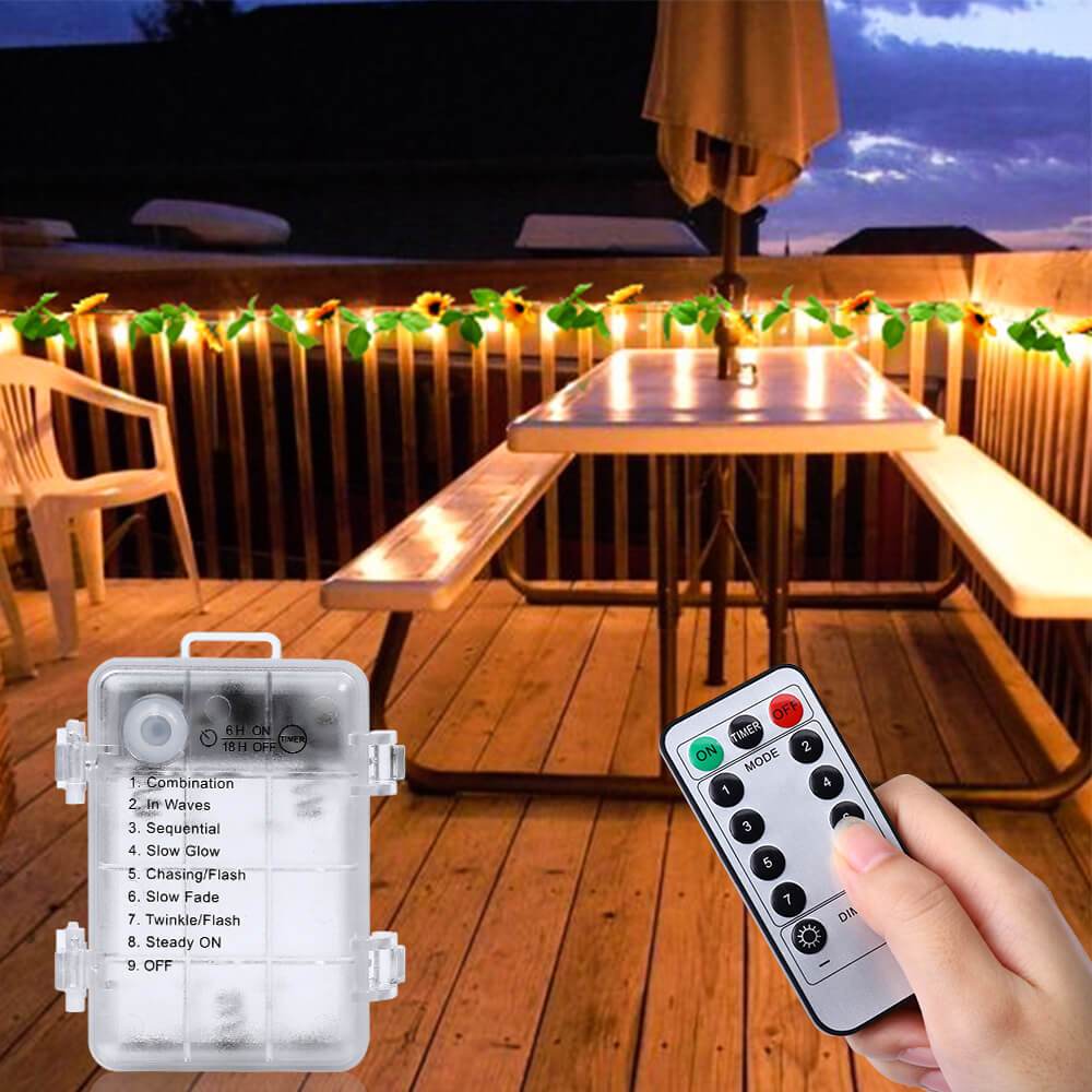 Sunflower String LED Lights with warm white glow, showcasing 20 LEDs on a flexible wire, perfect for indoor and outdoor decoration.