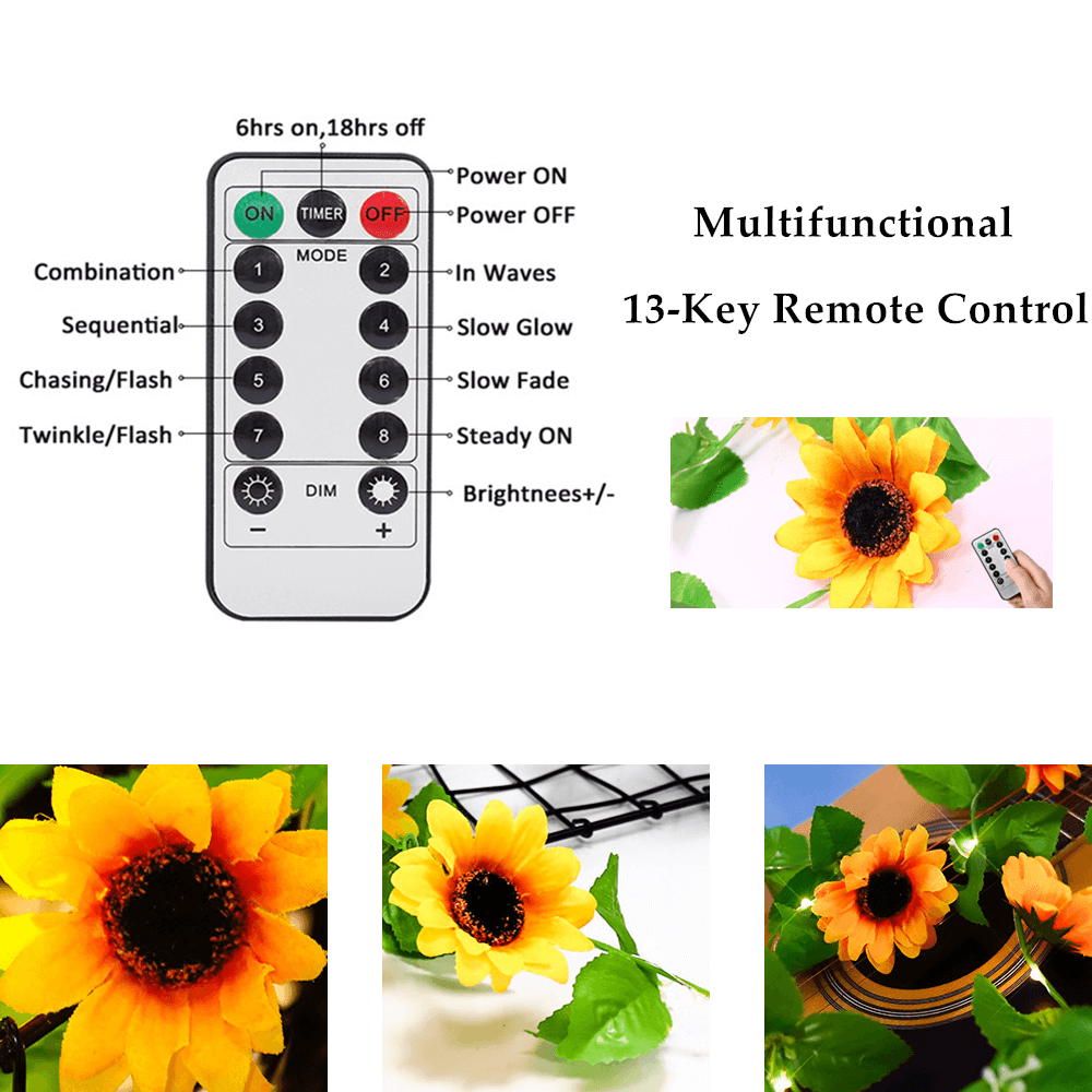 Sunflower String LED Lights with warm white glow, showcasing 20 LEDs on a flexible wire, perfect for indoor and outdoor decoration.