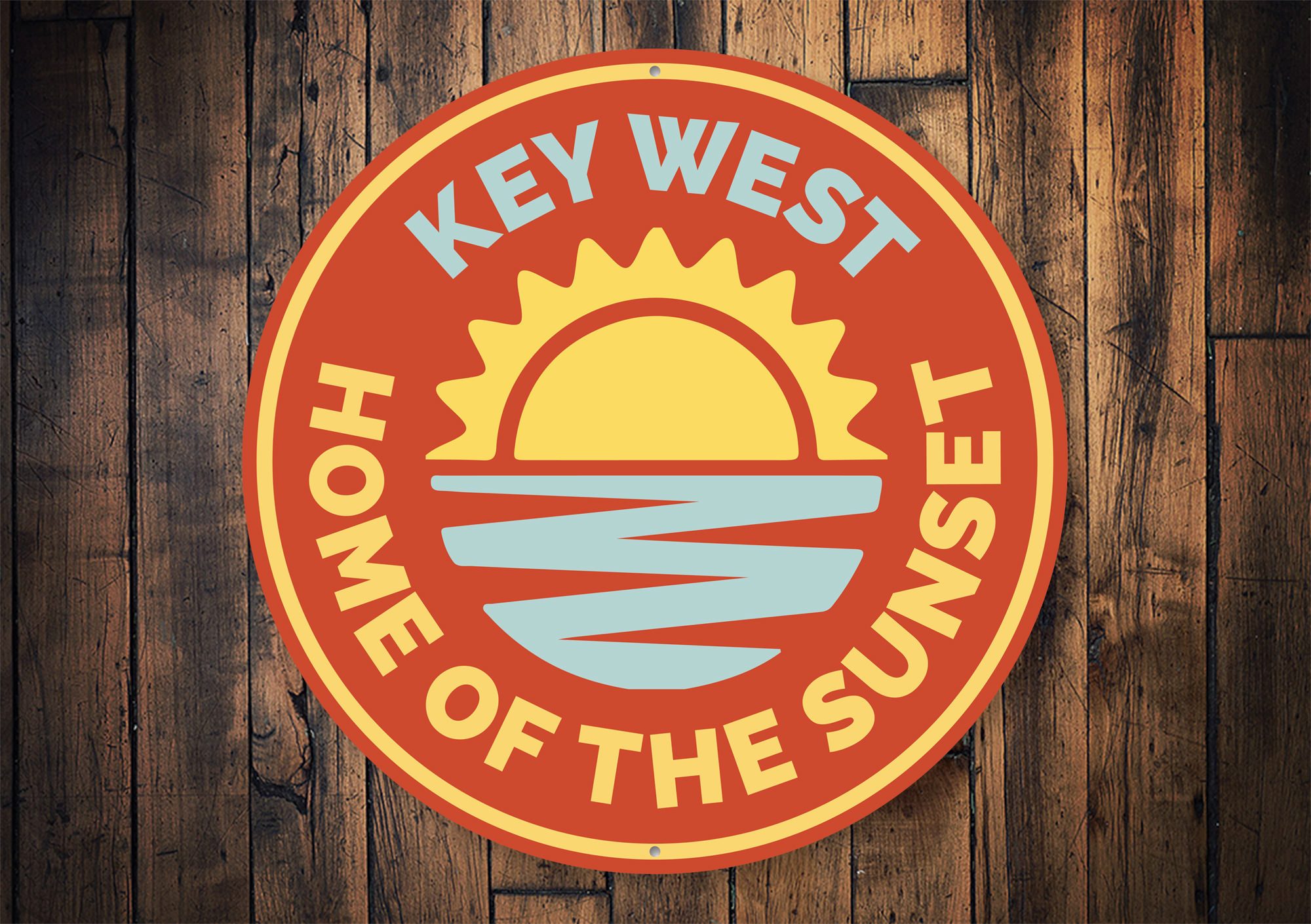 A vibrant Sunset Sign made of high-quality aluminum, featuring beach-themed designs, perfect for coastal decor.
