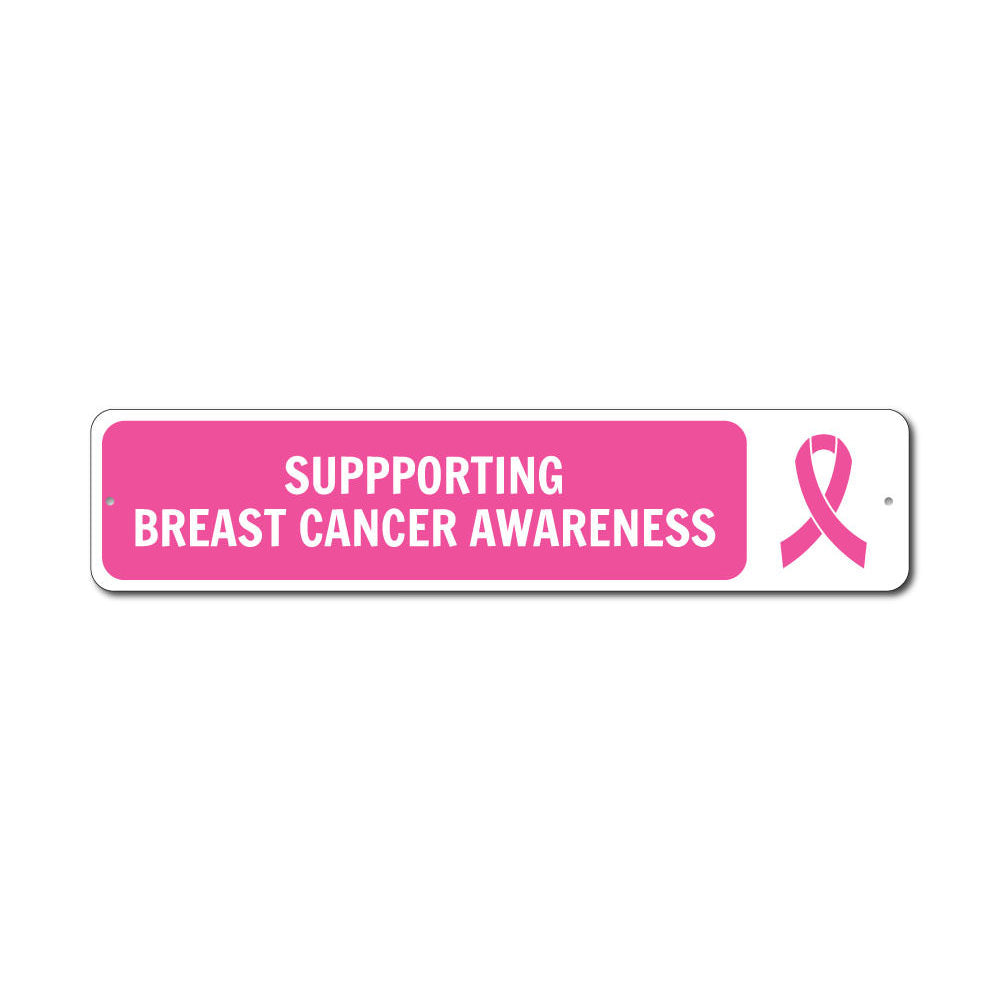 A vibrant Breast Cancer Awareness Sign made of high-quality aluminum, featuring a pink ribbon design, perfect for home decor.