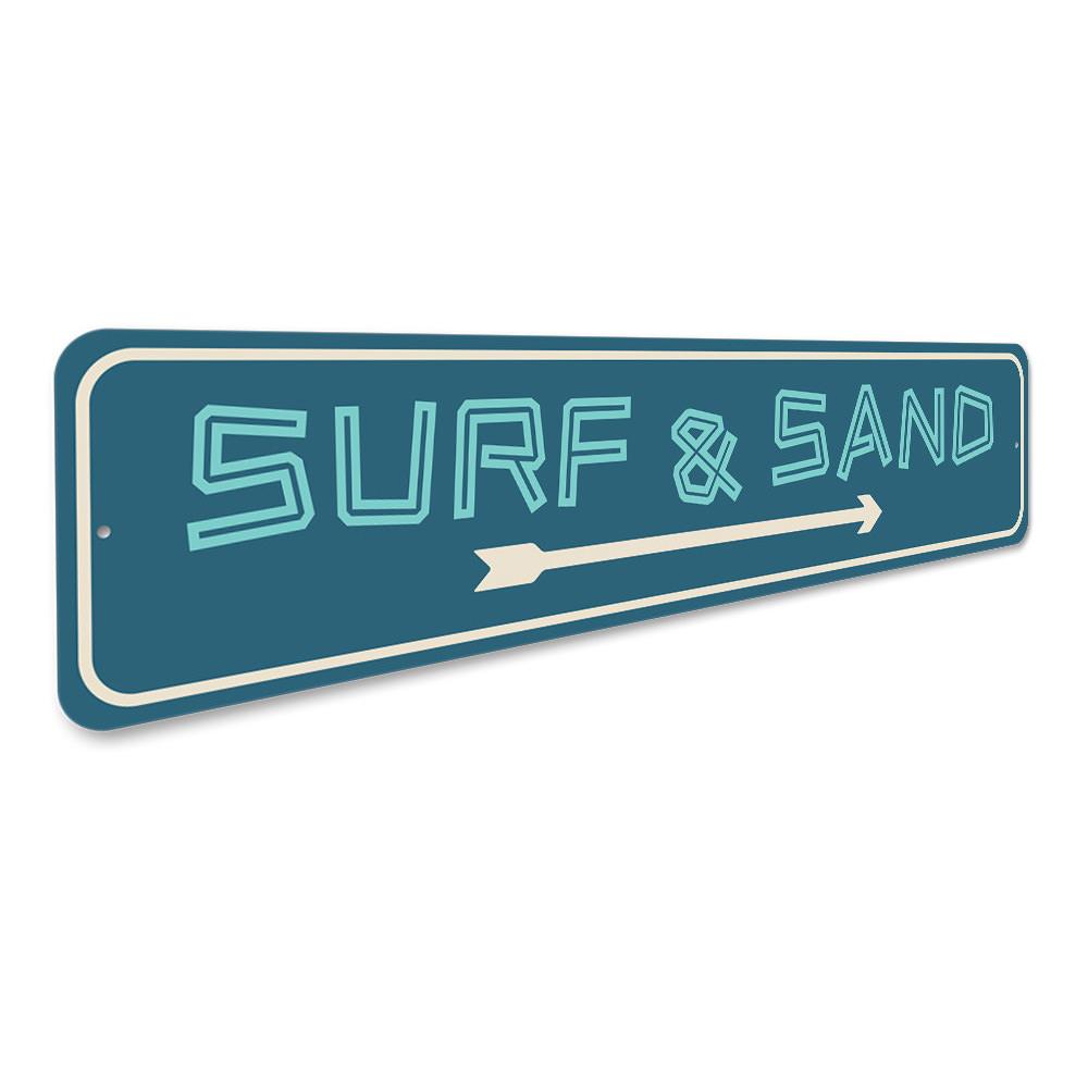 Surf And Sand Sign made of quality aluminum, featuring vibrant beach-themed design, perfect for home decor.