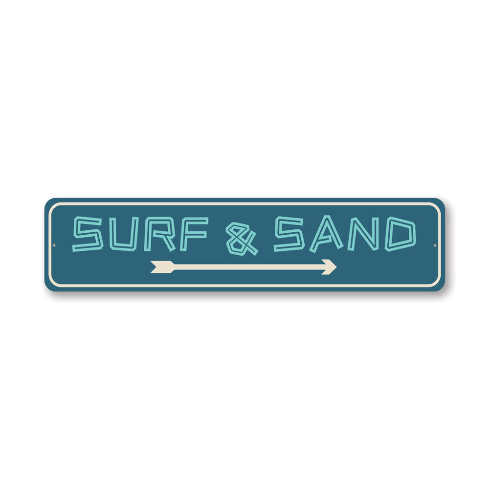 Surf And Sand Sign made of quality aluminum, featuring vibrant beach-themed design, perfect for home decor.