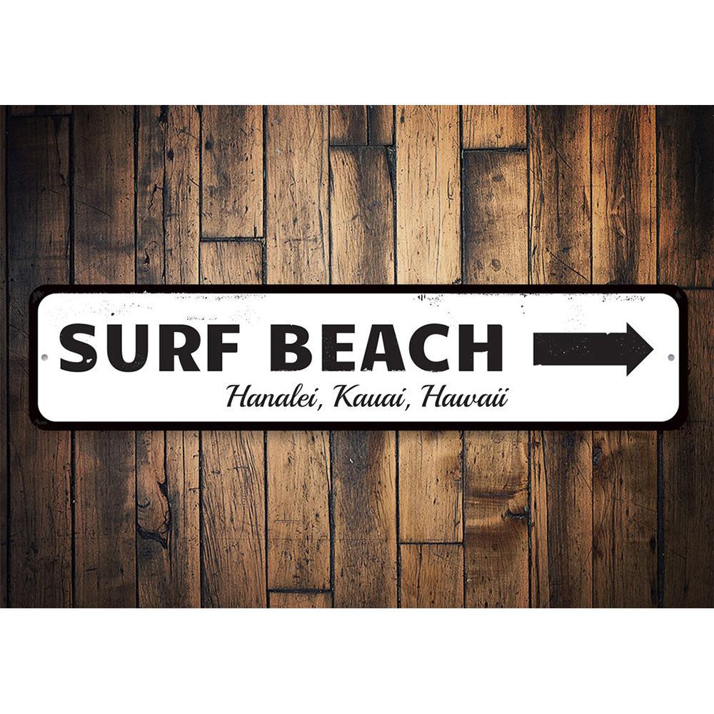 A decorative Surf Beach Sign made of high-quality aluminum, featuring a beach-themed design, perfect for coastal decor.