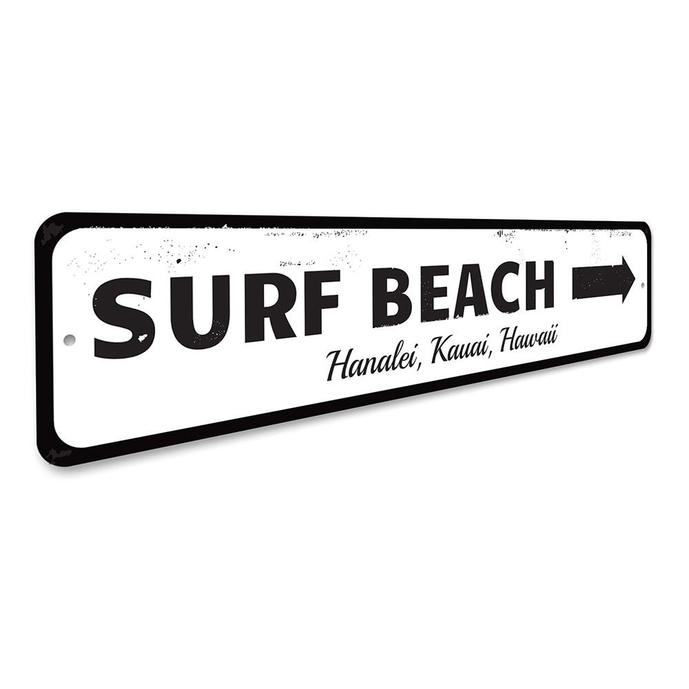 A decorative Surf Beach Sign made of high-quality aluminum, featuring a beach-themed design, perfect for coastal decor.