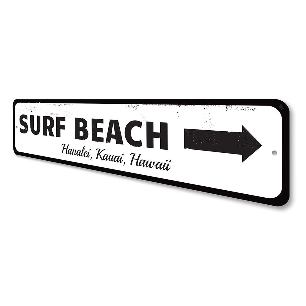 A decorative Surf Beach Sign made of high-quality aluminum, featuring a beach-themed design, perfect for coastal decor.