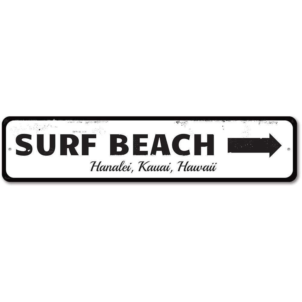 A decorative Surf Beach Sign made of high-quality aluminum, featuring a beach-themed design, perfect for coastal decor.