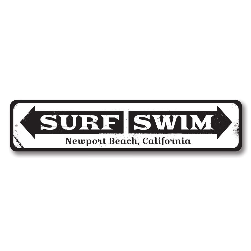 Surf Swim Arrow Sign made of high-quality aluminum, featuring a beach-themed design perfect for coastal decor.
