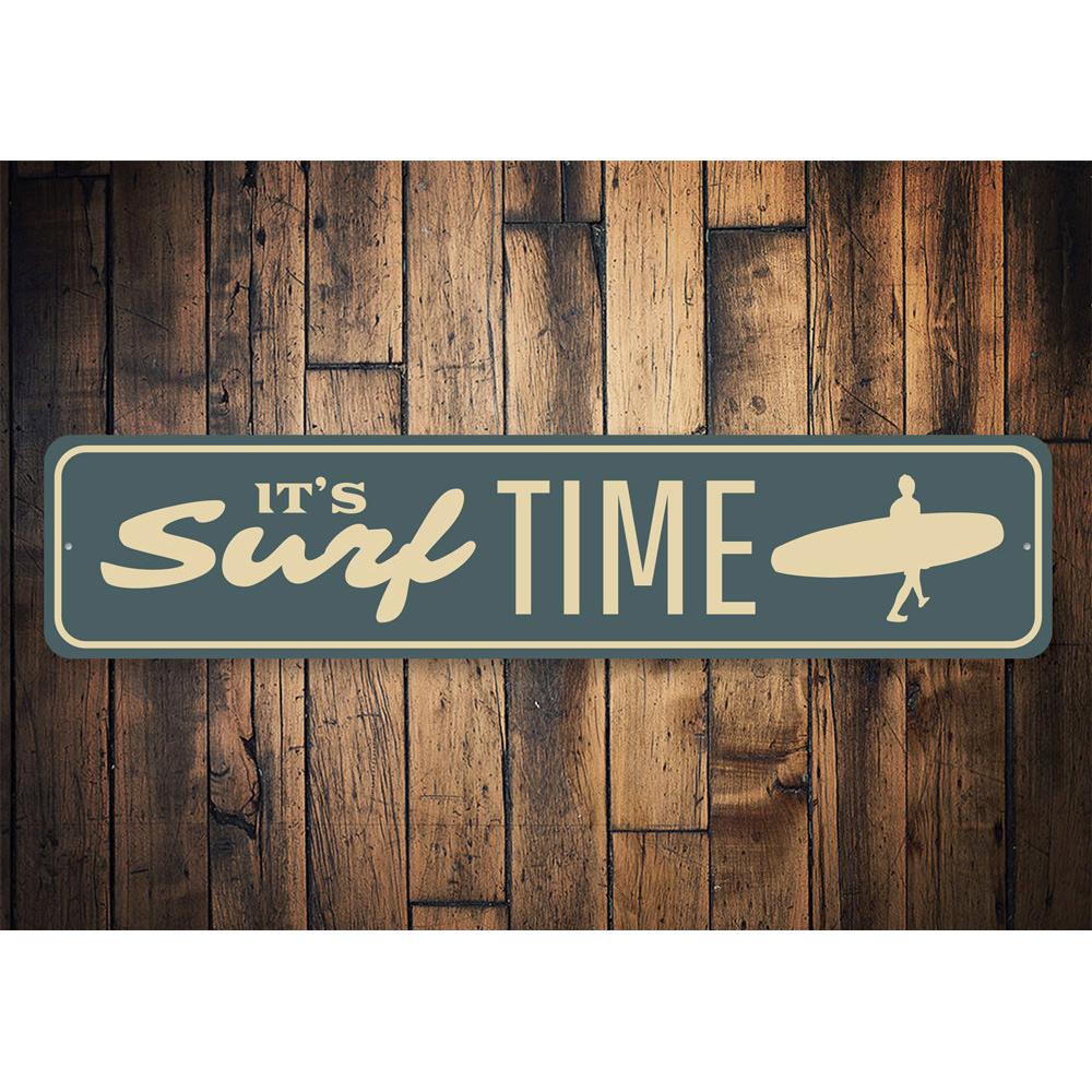 Surf Time Sign made of high-quality aluminum, featuring a vibrant beach-themed design, perfect for coastal decor.