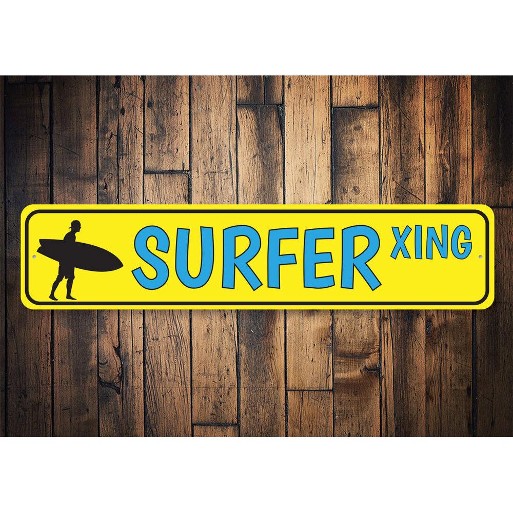 Surfer Crossing Sign made of high-quality aluminum, featuring a vibrant design perfect for beach-themed decor.
