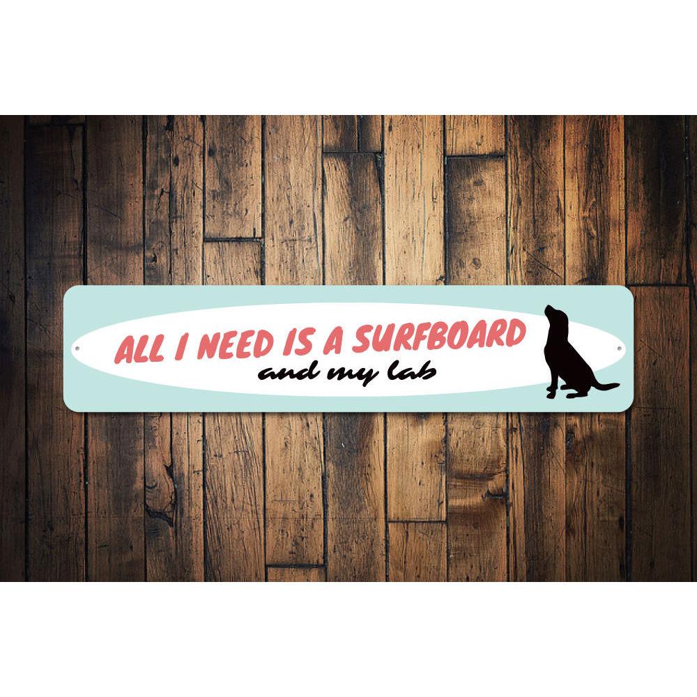 A decorative Surfing Dog Sign featuring a playful dog riding a wave, made from high-quality aluminum.