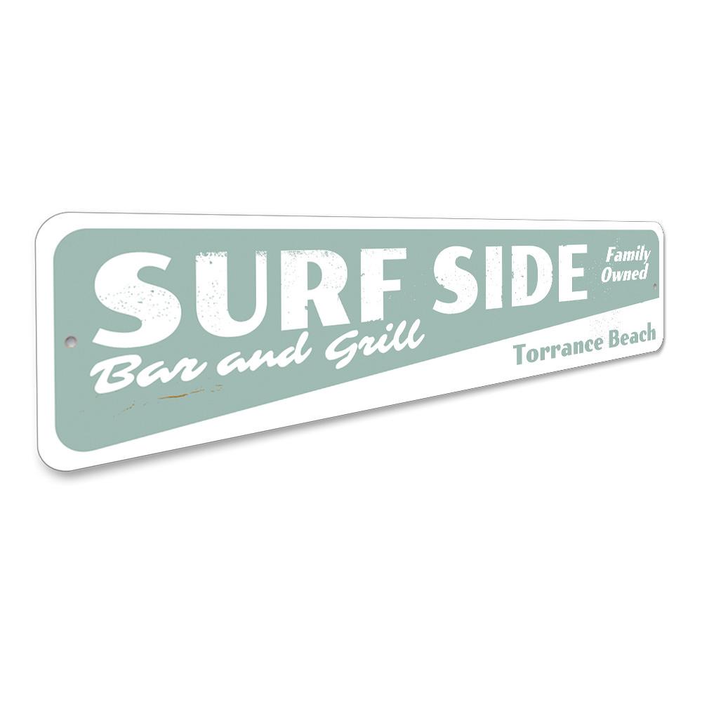 Surfside Bar & Grill Sign made of high-quality aluminum, featuring customizable text and pre-drilled holes for easy mounting.