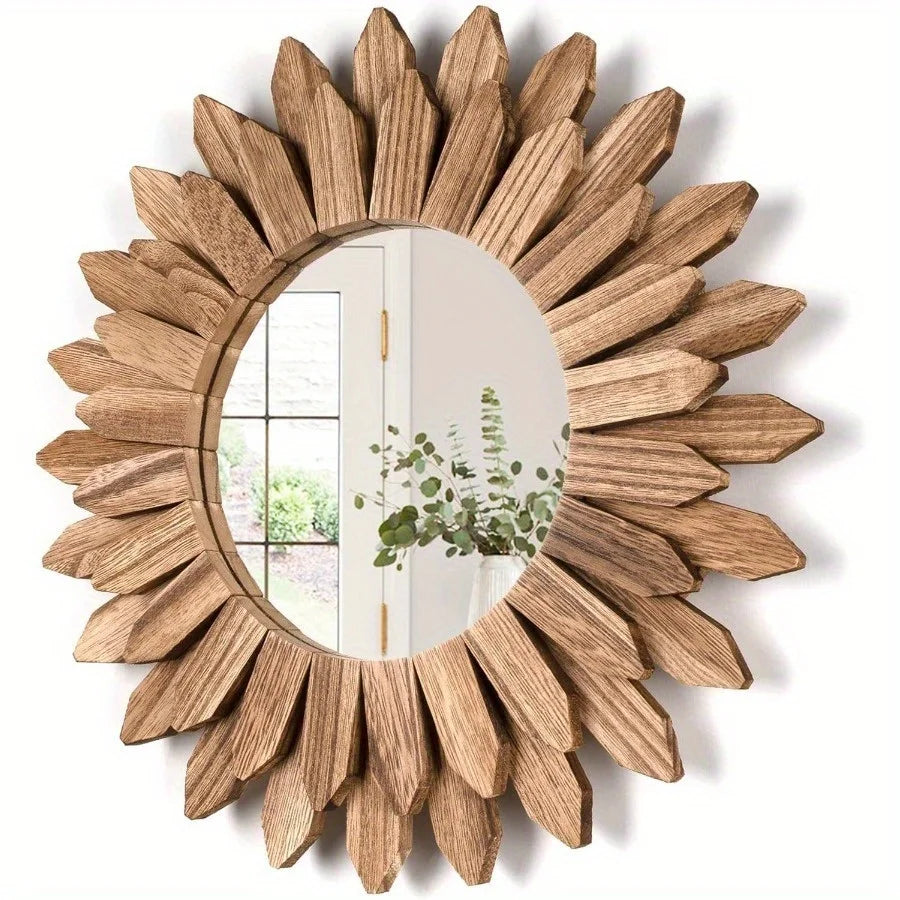 Surya Rustic Wood Mirror featuring a decorative sunburst pattern, handcrafted from wood and glass, perfect for vintage and bohemian decor.