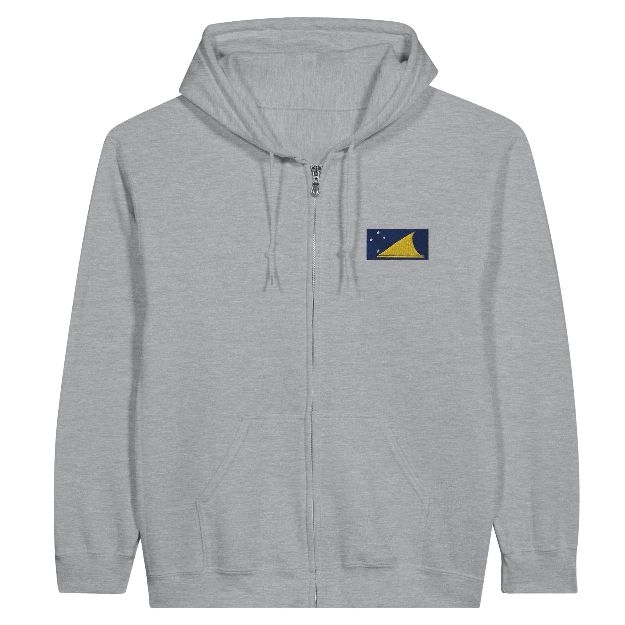 Sweat à capuche à fermeture éclair avec broderie du Drapeau des Tokelau, en coton bio et polyester recyclé, disponible en plusieurs tailles.