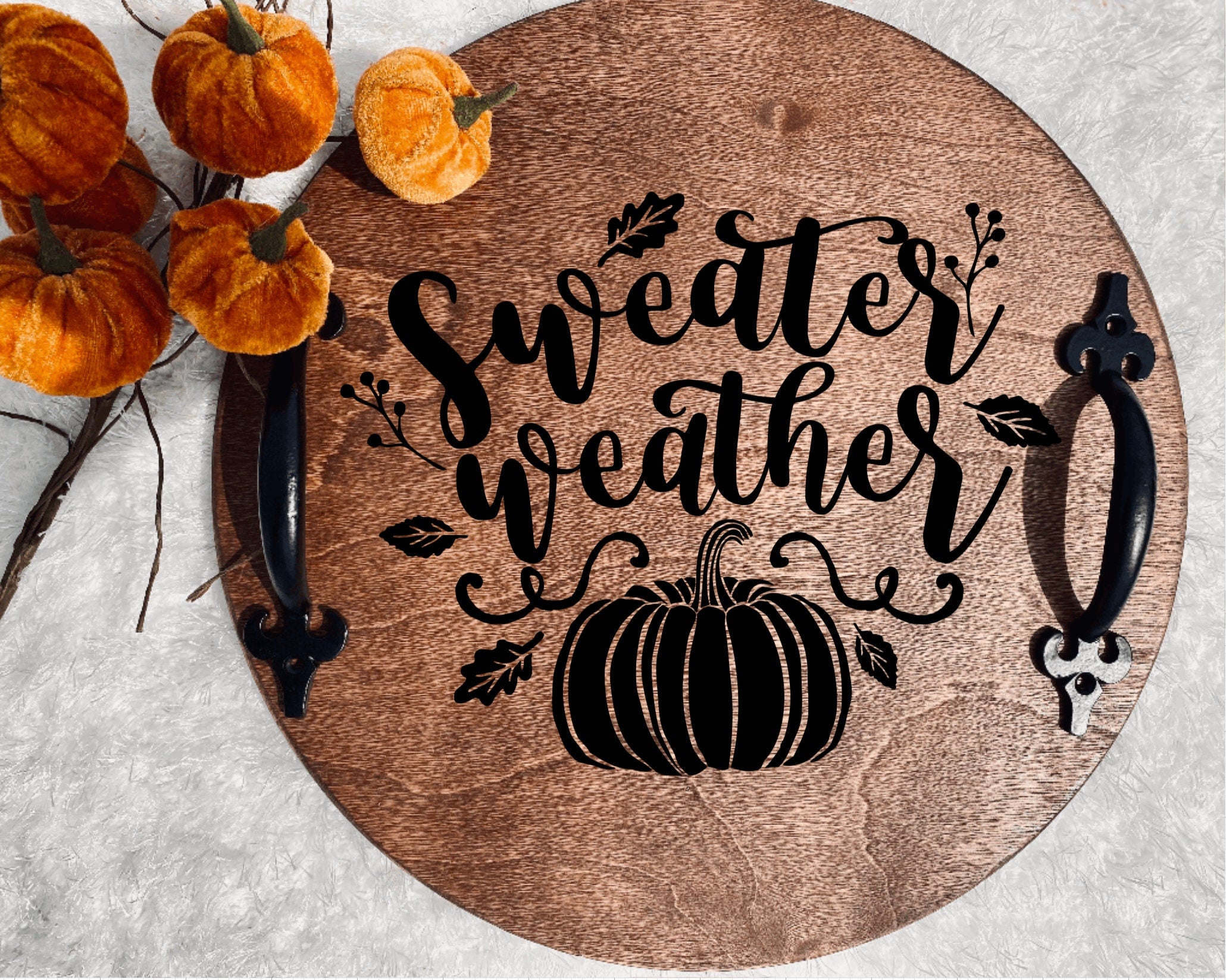 Handmade wooden serving tray with black metal handles, stained in rich chestnut color, featuring a unique burned design.