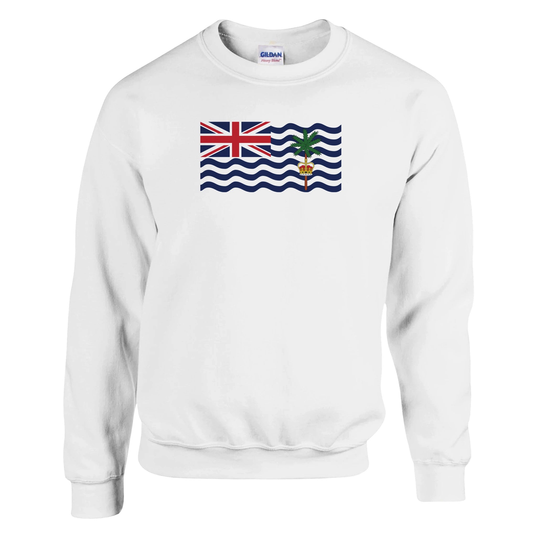 Sweat-shirt avec le drapeau du Territoire britannique de l'océan Indien, en mélange de coton et polyester, affichant une coupe classique.
