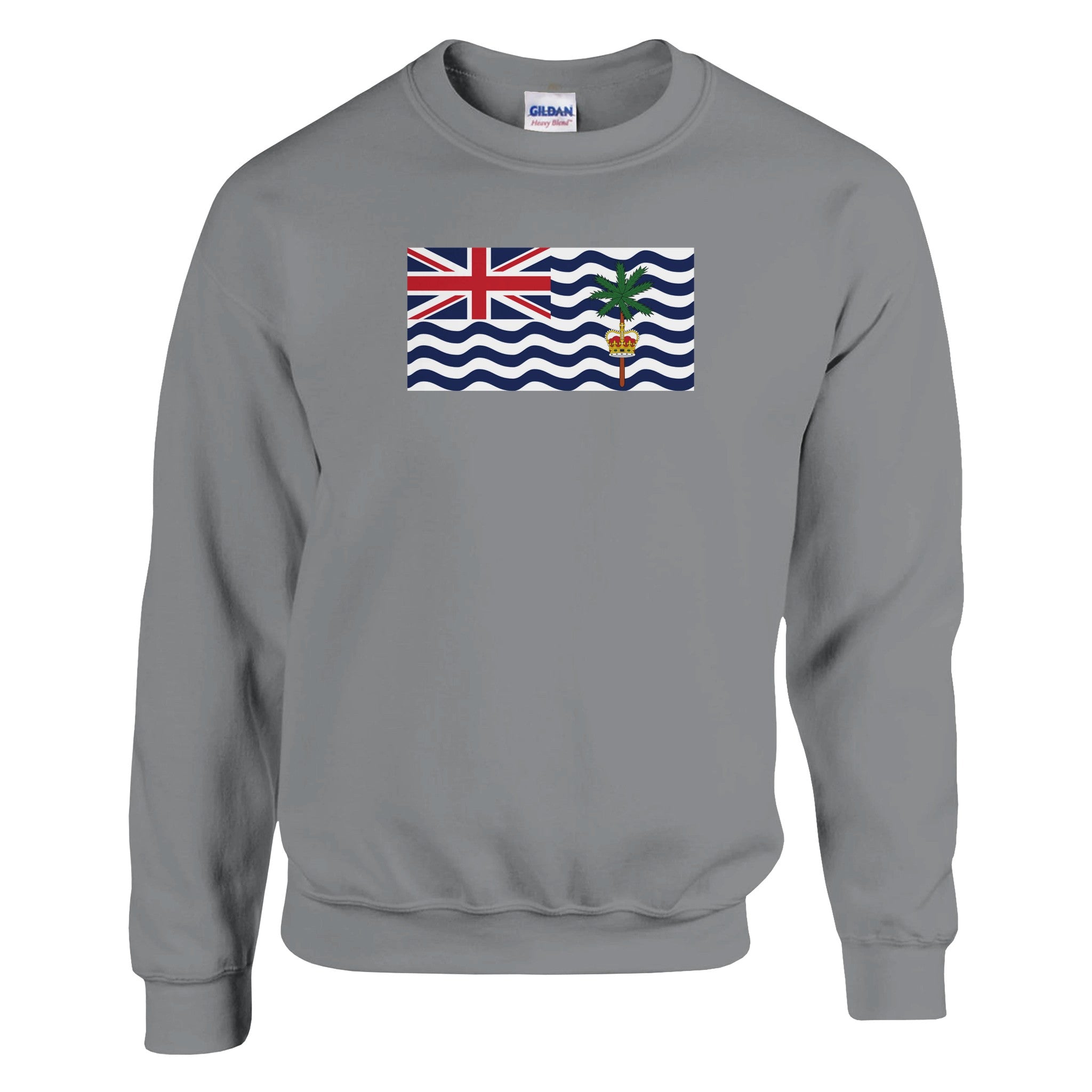 Sweat-shirt avec le drapeau du Territoire britannique de l'océan Indien, en mélange de coton et polyester, affichant une coupe classique.