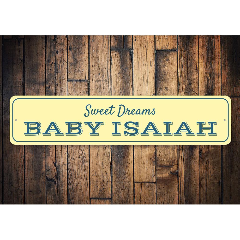 A personalized Sweet Dreams Baby Sign made of durable aluminum, featuring whimsical designs perfect for a child's room.
